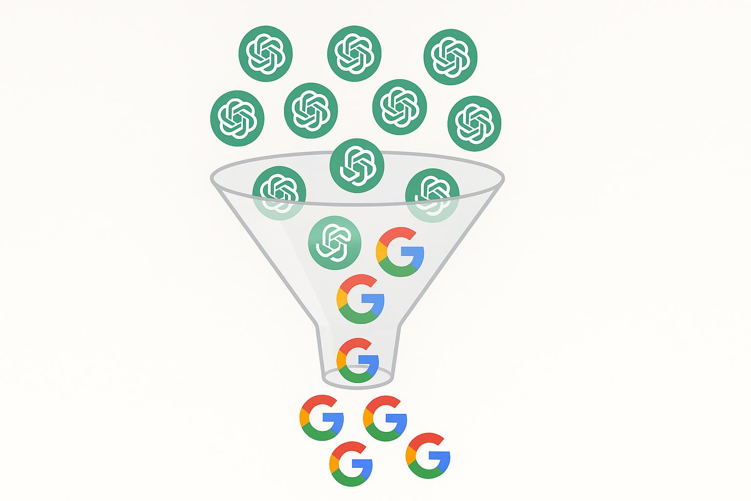 Funnel showing ChatGPT logos entering at top, transforming into Google logos at the bottom