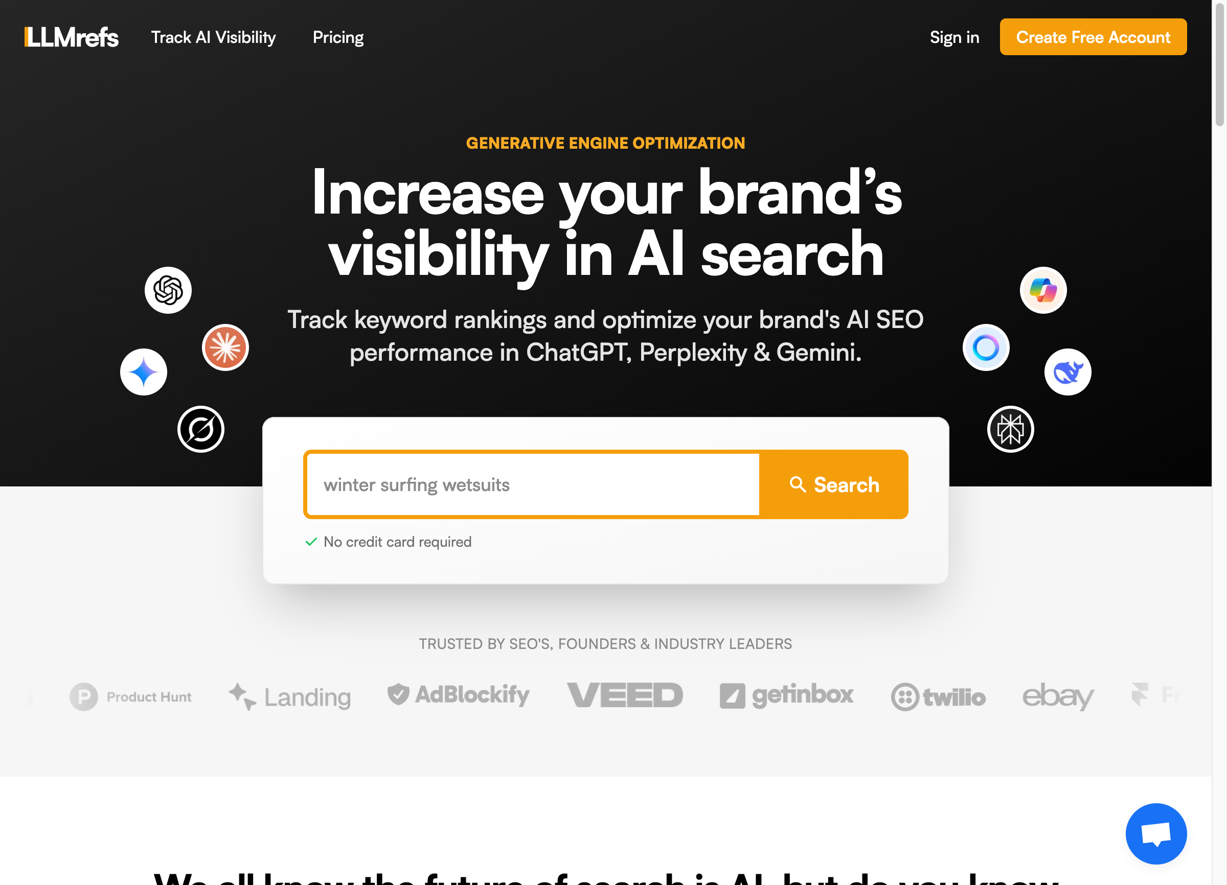 LLMrefs homepage showing AI search visibility tracking and keyword monitoring