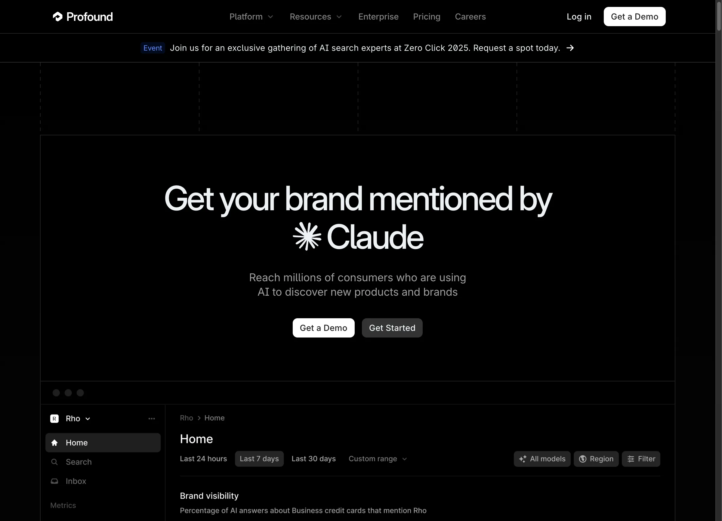 Profound AI visibility dashboard showing brand mentions and analytics