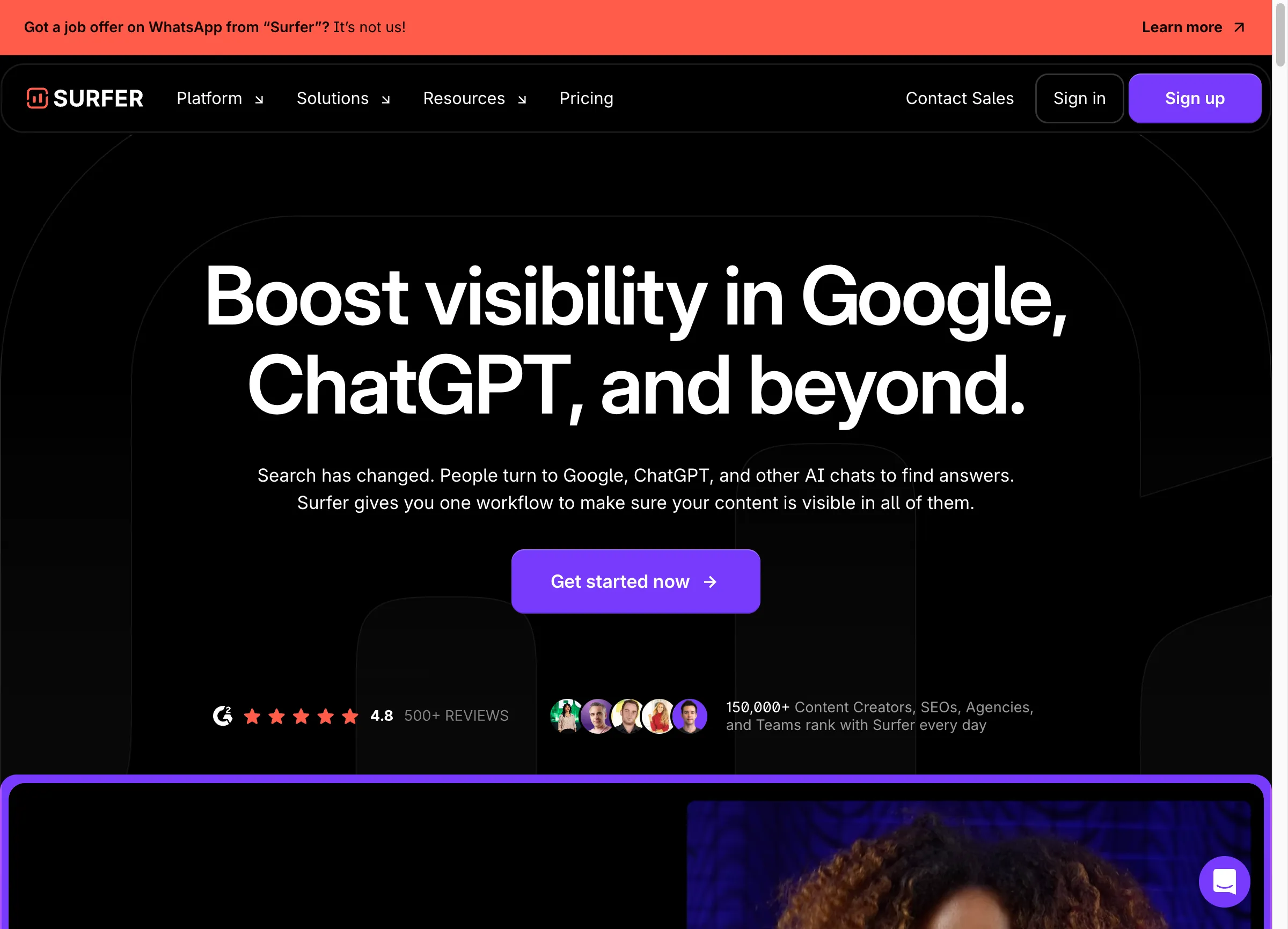 Surfer SEO content optimization platform homepage
