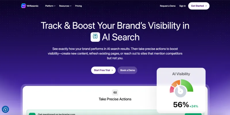 Writesonic AI visibility and SEO platform homepage