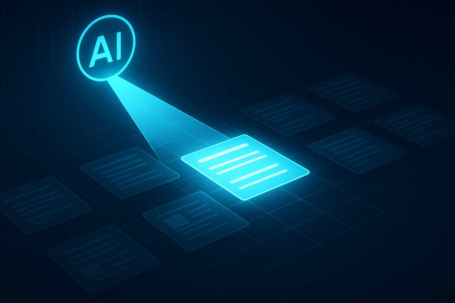 Futuristic AI spotlight scanning a digital grid and highlighting a glowing website among many others, symbolizing AI discovery and visibility